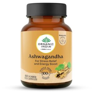 a tata product organic india pure ashwagandha root capsules 60 veg caps (400mg), for vitality & relieves stress, naturally boosts energy & stamina, improves immune system, gmp & npop certified
